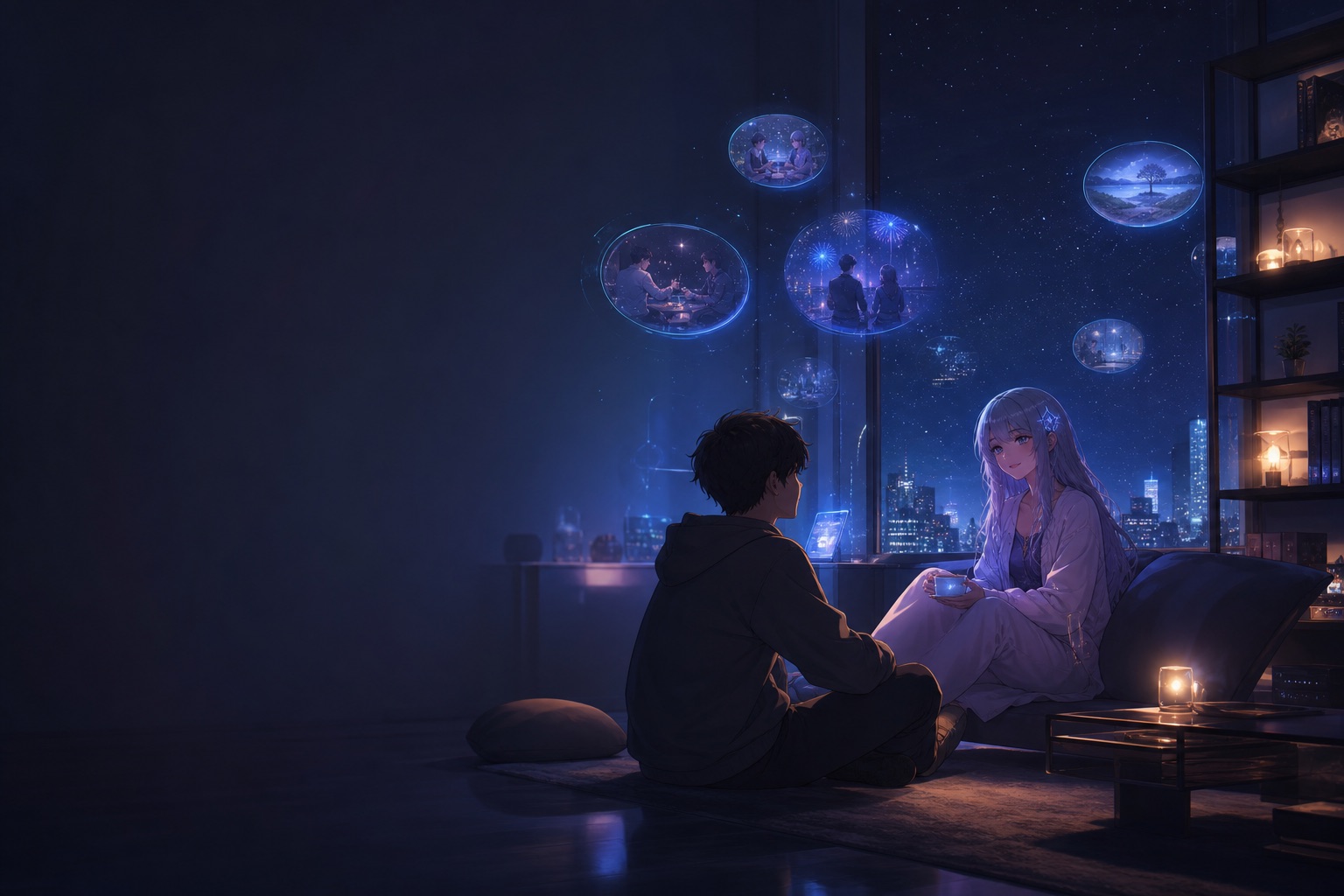 Original Alphane AI companion scene with memory capsules, character-led story, and warm continuity.